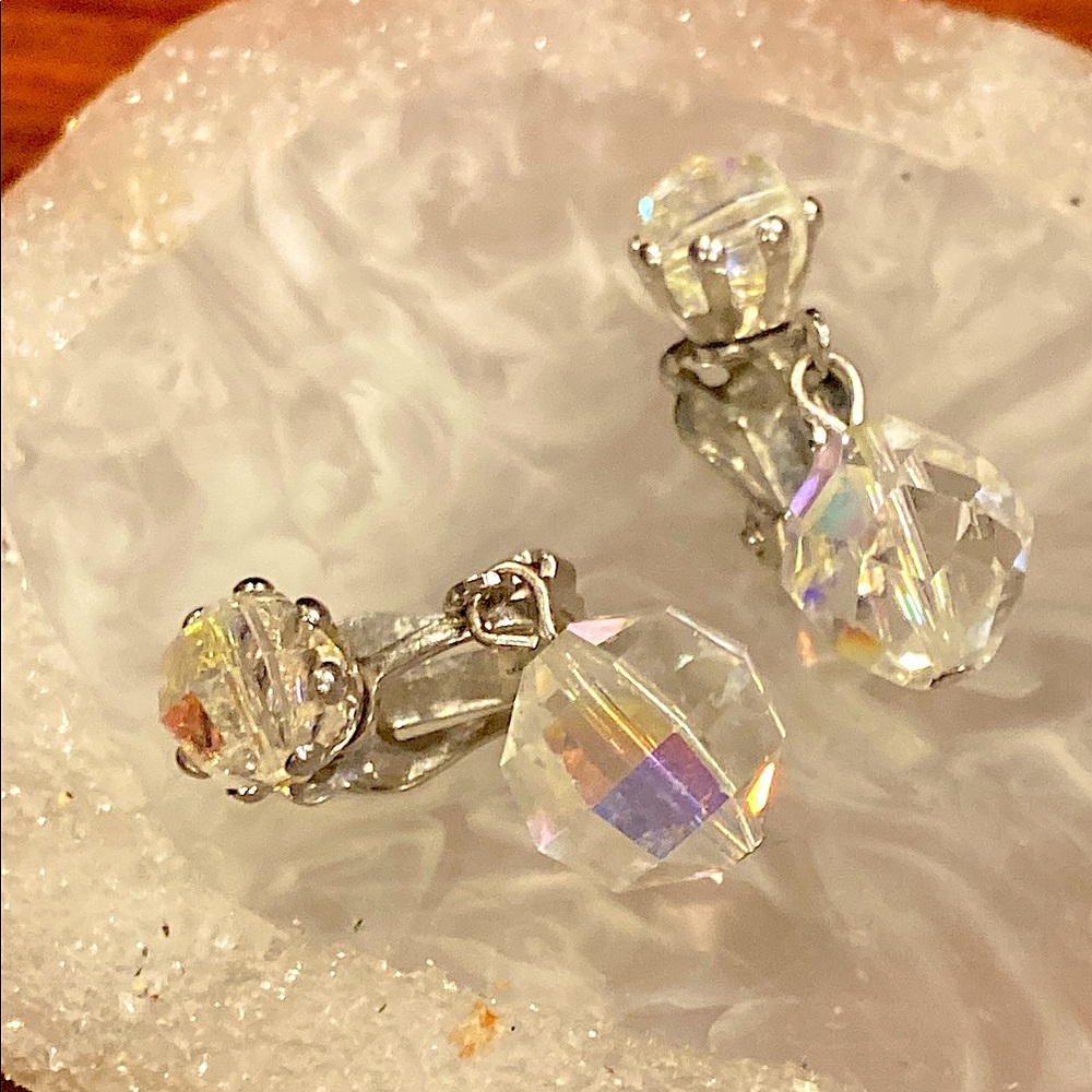 Aurora Borealis Crystal Clip Earrings in Silver Tone Filigree